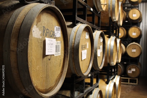 Rows of wine-filled cask barrels at a winery cellar.