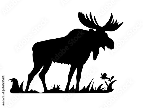 black silhouette of one moose standing in the grass on a white background