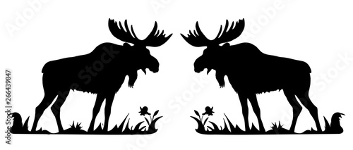 black silhouette of one moose standing in the grass on a white background