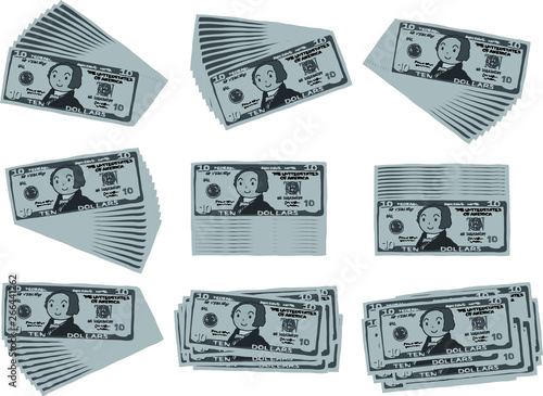 Monochrome Bunch of Cute hand-painted 10 US dollar banknote set