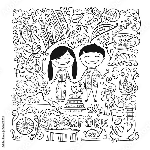 Travel to Singapore. Coloring card for your design