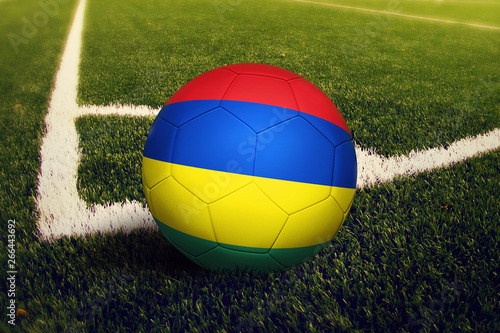 Mauritius ball on corner kick position  soccer field background. National football theme on green grass.