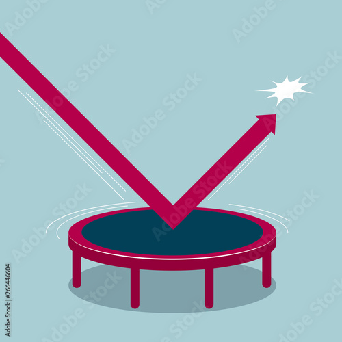Arrow symbol on a trampoline. Isolated on blue background.