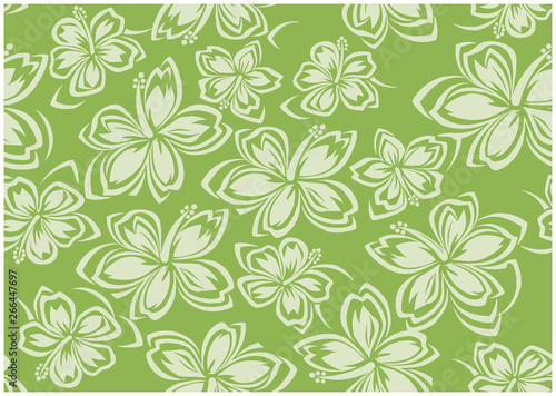 Seamless hibiscus illustration pattern, green, background image of southern country and hawaii and tropical image | apparel, textile