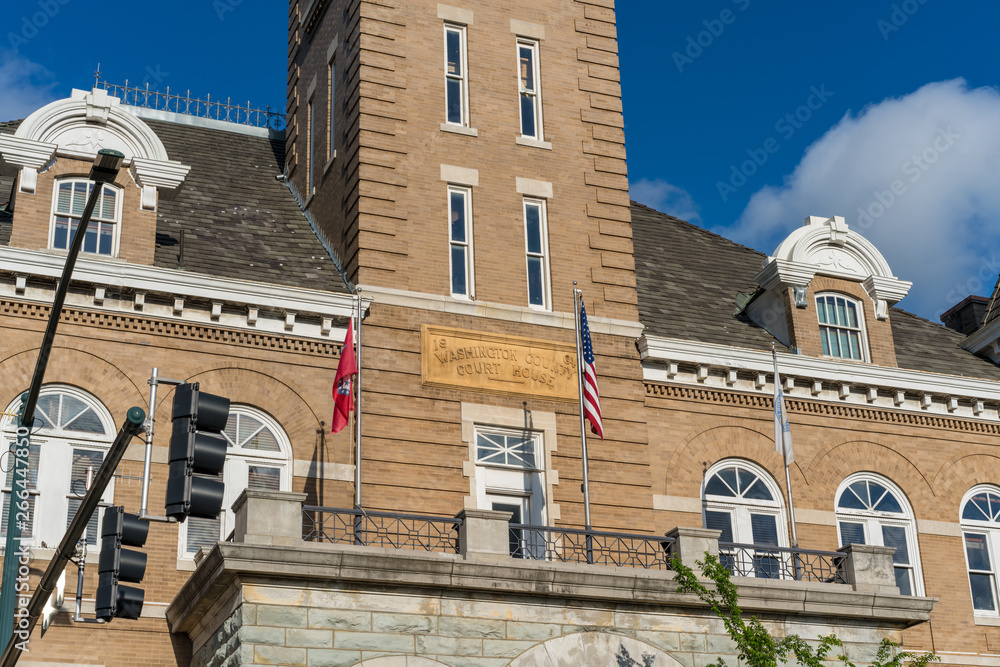 Historic Washington County Courthouse building in Fayetteville Arkansas, college ave, sunny summer day view