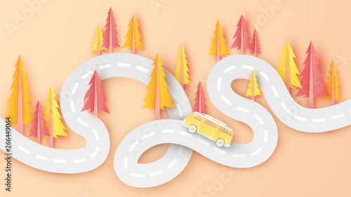 Illustration of autumn landscape with van car on road abstract view. Abstract autumn pine tree background with cute van car on the road. Autumn travel. paper art and craft style. vector. illustration.