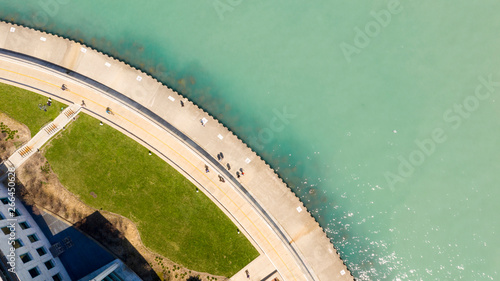 Aerial View People on Walkway Lake Michigan Chicago