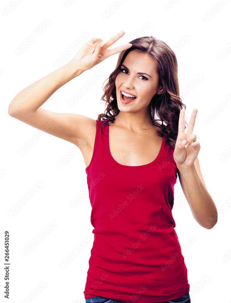 Photo of woman showing two fingers or victory gesture, on white Photo of woman showing two fingers or victory gesture, on white