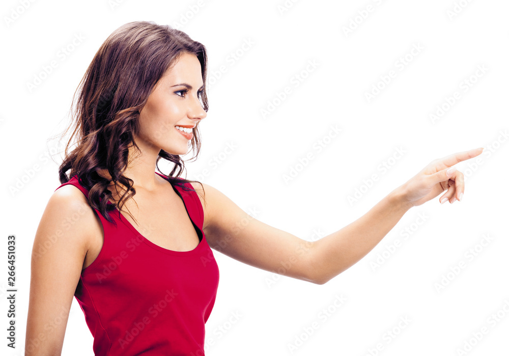 Fototapeta premium Photo of beautiful woman showing, isolated over white