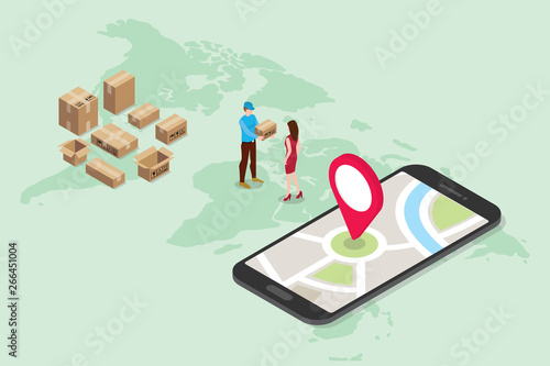 isometric 3d online delivery service concept with people deliver order with smartphone app maps location - vector