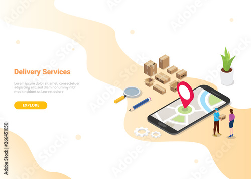 isometric 3d online delivery service concept with people deliver order for website template design or landing homepage - vector