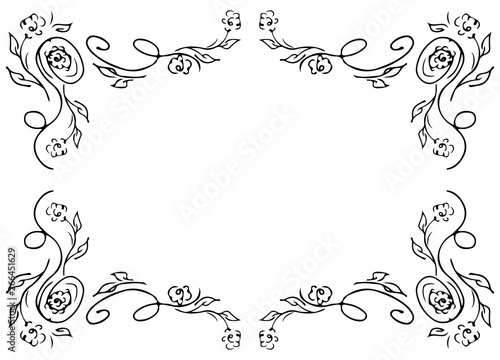 Wreath of black roses or peonies flowers and branches isolated of white. Foral frame design elements for invitations, greeting cards, posters, blogs. Hand drawn illustration. Line art. Sketch