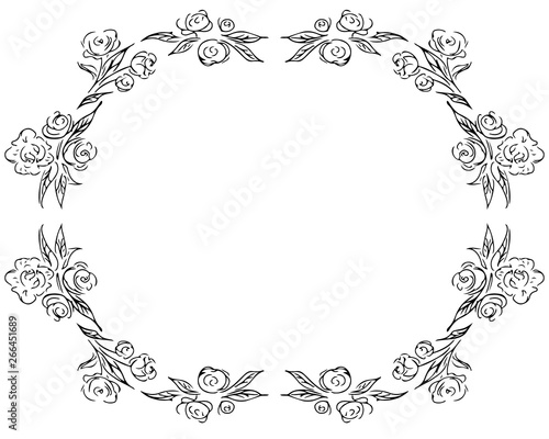 Wreath of black roses or peonies flowers and branches isolated of white. Foral frame design elements for invitations, greeting cards, posters, blogs. Hand drawn illustration. Line art. Sketch