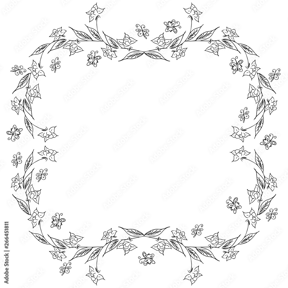 Wreath of black roses or peonies flowers and branches isolated of white. Foral frame design elements for invitations, greeting cards, posters, blogs. Hand drawn illustration. Line art. Sketch Wreath of black roses or peonies flowers and branches isolated of white. Foral frame design elements for invitations, greeting cards, posters, blogs. Hand drawn illustration. Line art. Sketch