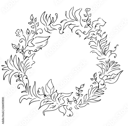 Wreath of black roses or peonies flowers and branches isolated of white. Foral frame design elements for invitations  greeting cards  posters  blogs. Hand drawn illustration. Line art. Sketch
