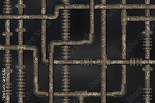 Dark and rusty pipes on the wall abstract industrial steampunk background