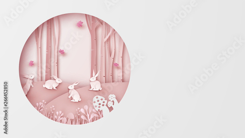 Illustration of rabbit family in the forest. Cute rabbit family in autumn forest. and place for your text space. paper cut and craft style. vector, illustration.