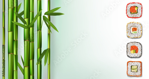 Delicious Japanese food  maki rolls. Sushi rolls with green bamboo background