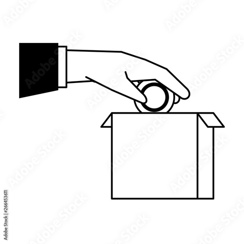 Hand depositing coin in box cartoon black and white