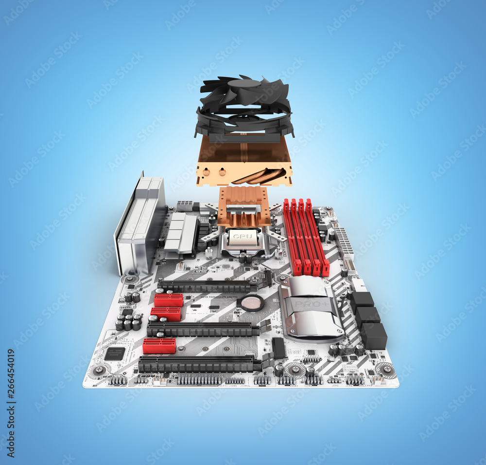 Motherboard complete with processor and cooling system in disassembled form isolated on blue gradient background 3d render Motherboard complete with processor and cooling system in disassembled form isolated on blue gradient background 3d render