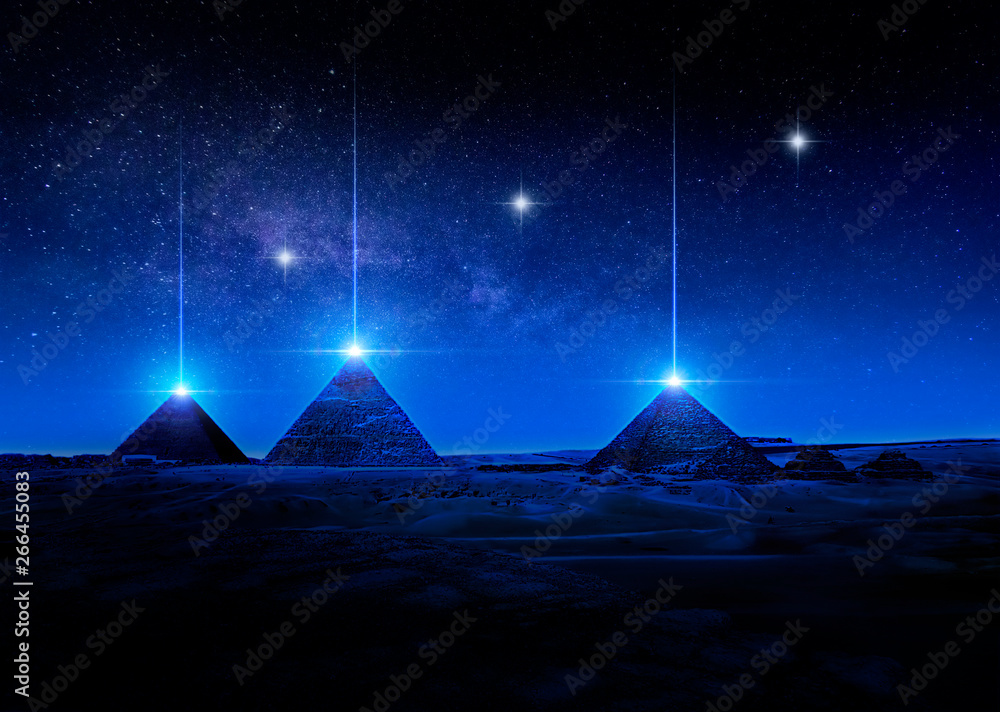Sci-fi 3D rendering or illustration of Egyptian pyramids at night ...