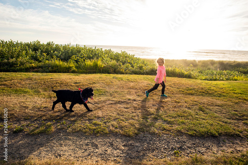 A toddler aged girl walking a black dog near the ocean on a sunny day. photo