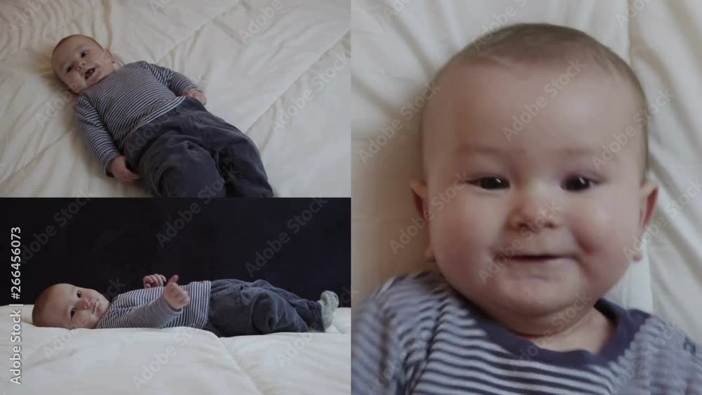 Collage of long and close up shots of smiling infant boy in striped pullover and grey trousers lying on white linen, moving. Top and side views. Childhood concept