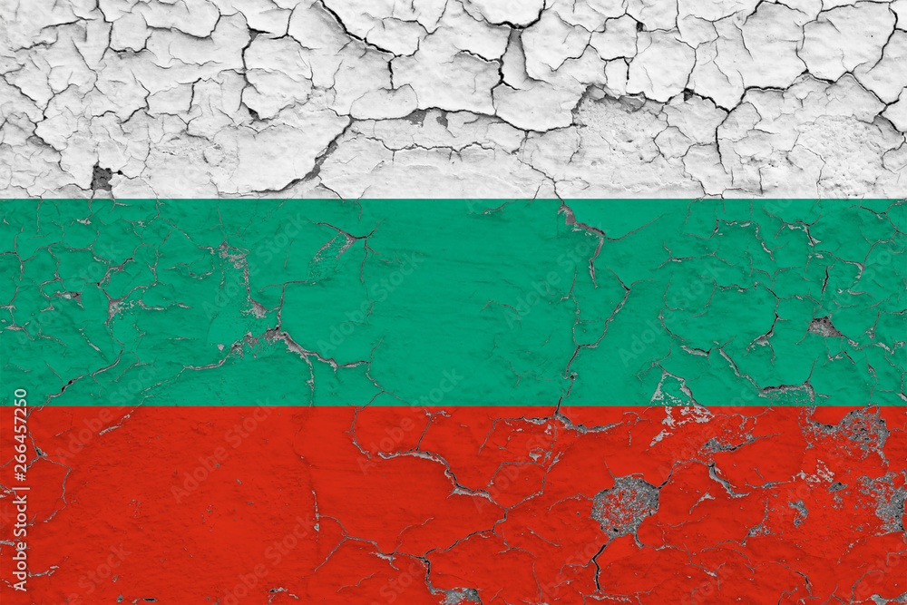 Flag of Bulgaria painted on cracked dirty wall. National pattern on vintage style surface.
