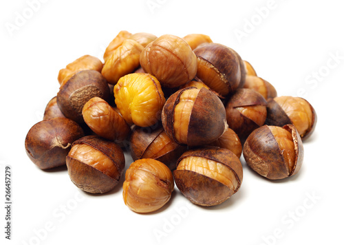 chinese food, peeled roasted chestnut on white background