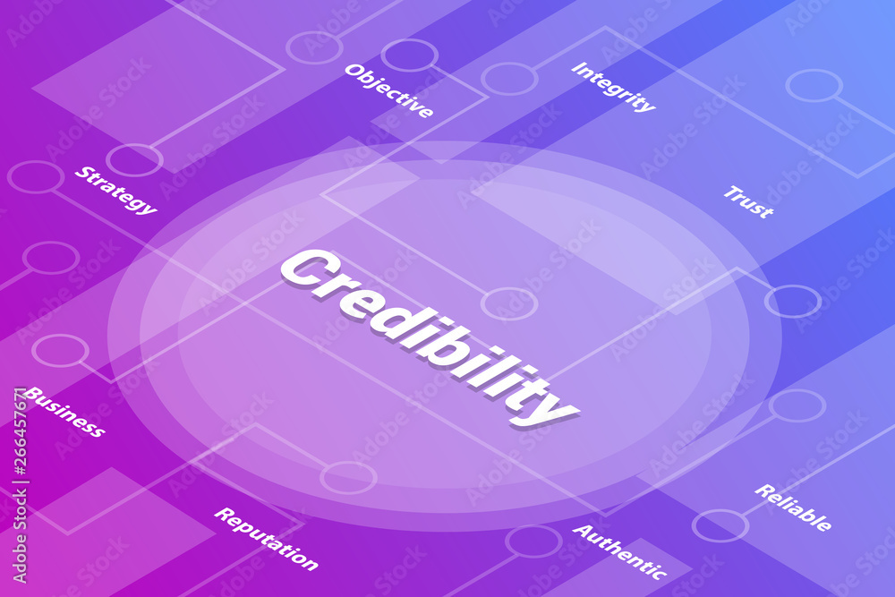 credibility words isometric 3d word text concept with some related text and dot connected - vector