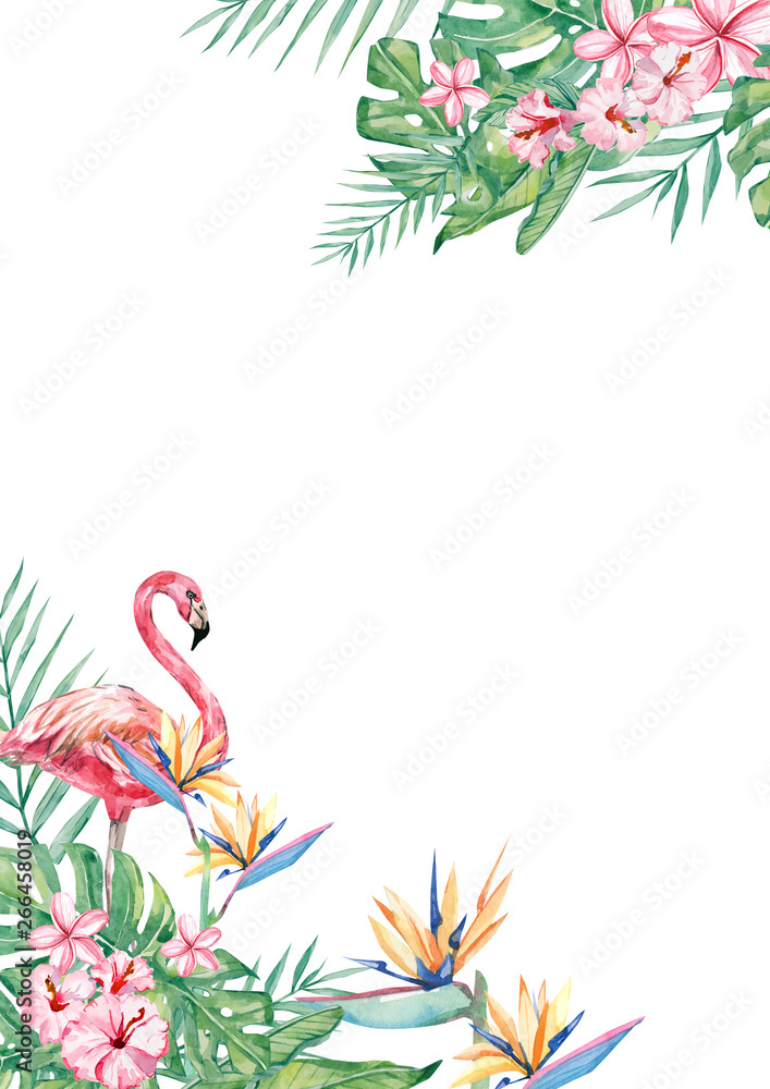 Naklejka premium Watercolor tropical flower, flamingo and leaf arrangement border frame for wedding, anniversary, birthday, invitations, cards