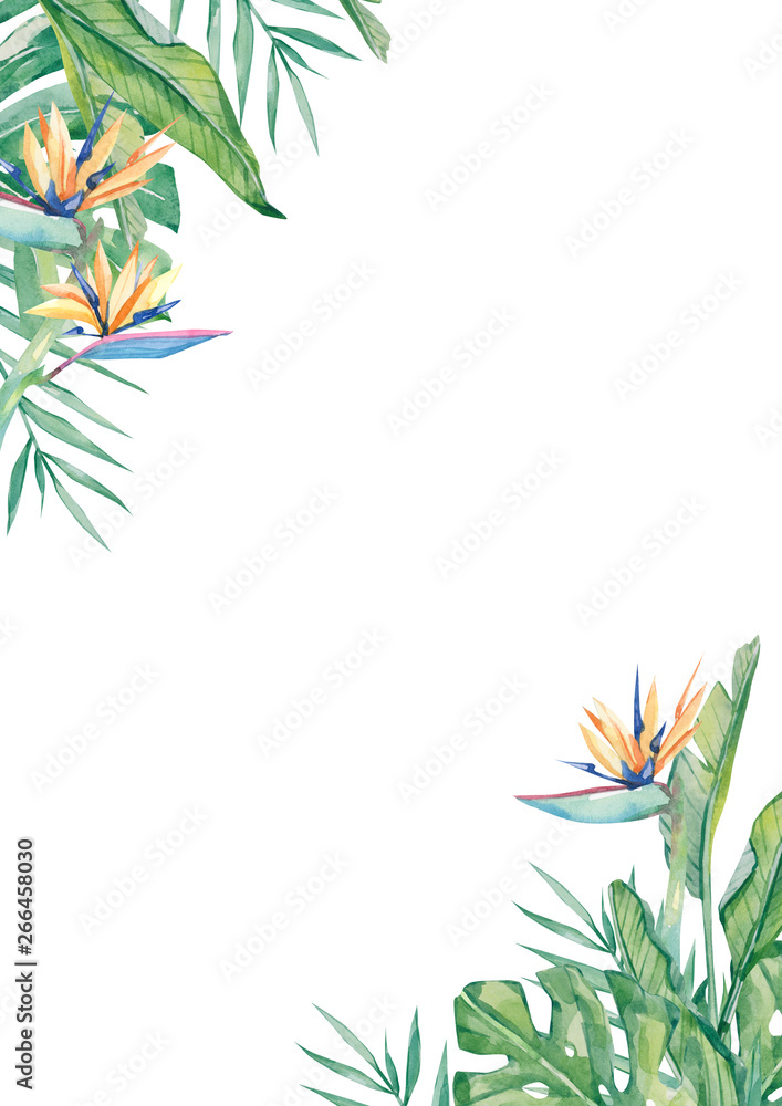 Watercolor tropical floral illustration - flower and leaf arrangement border frame for wedding, anniversary, birthday, invitations, cards