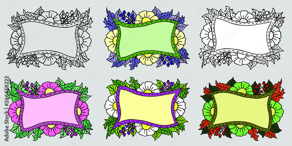 Set of six hand drawn floral frames with flowers, berries and leaves in doodle style. Different colored isolated copy space vector illustration Set of six hand drawn floral frames with flowers, berries and leaves in doodle style. Different colored isolated copy space vector illustration