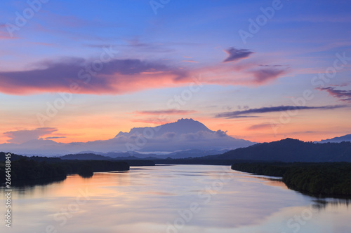 Majestic Mount Kinabalu with beautiful Twilight Sunrise and amazing sky clouds  Tuaran Sabah Borneo  Soft Focus 