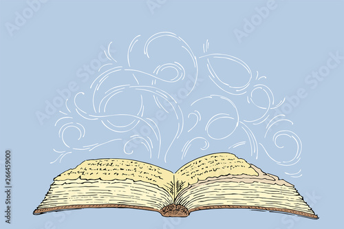 Magic universal open book. Symbol of reading, wisdom, education, knowledge, literature, poetry. Hand-drawn vector illustration in vintage style, ink engraving.
