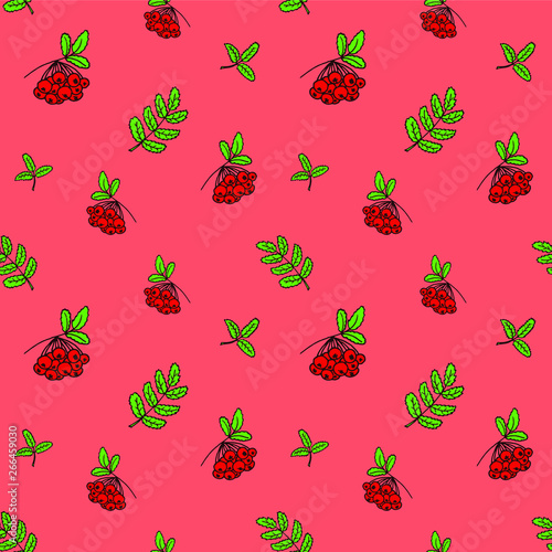 Hand drawn rowan berries and leaves seamless pattern. Colored endless tracery on coral background for fabric, textile, cloth, backsplash, print and wrapping paper.