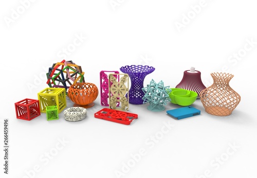 3D rendering of collection of colored complex typical 3D print products demonstrating the possibilities of 3d printing on a white background