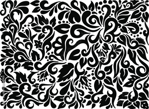 Decorative background with hand drawn tribal tattoo elements, flowers and leaves. Black backdrop vector tracery on white background