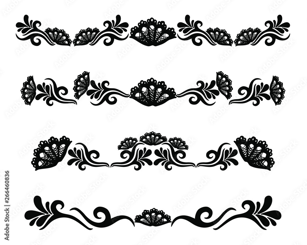 Set of four hand drawn floral borders. Black vector illustration with flowers and tribal elements on white background