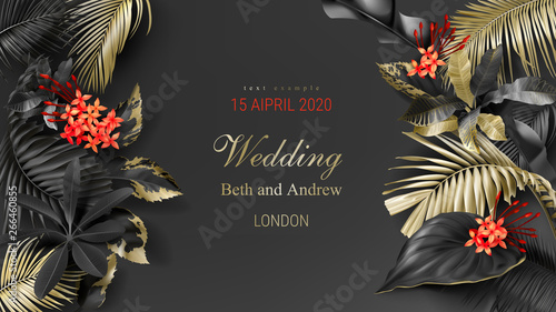 Tropical black and gold leaves on dark background vector poster Beautiful botanical design with golden tropic jungle palm leaves, exotic red flower Wedding ceremony invitation card, christmas greeting