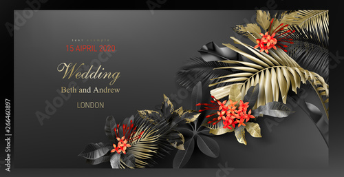 Tropical black and gold leaves on dark background vector poster Beautiful botanical design with golden tropic jungle palm leaves, exotic red flower Wedding ceremony invitation card, holiday sale