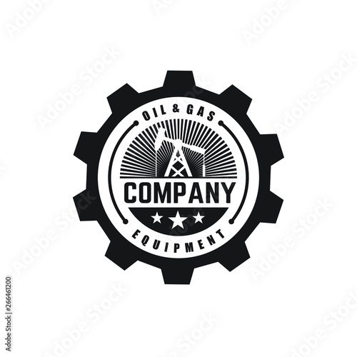 oil mining with circle gear badge logo design inspiration
