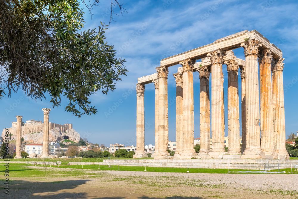 Temple of the Olympian Zeus and the Acropolis in Athens, Greece.