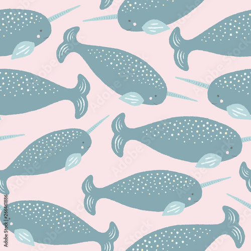 Sweet narwhal seamless repeat pattern in grey and pink. Vector ocean creature design ideal for children.