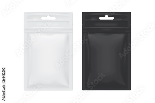 white and black packaging sachet on white background