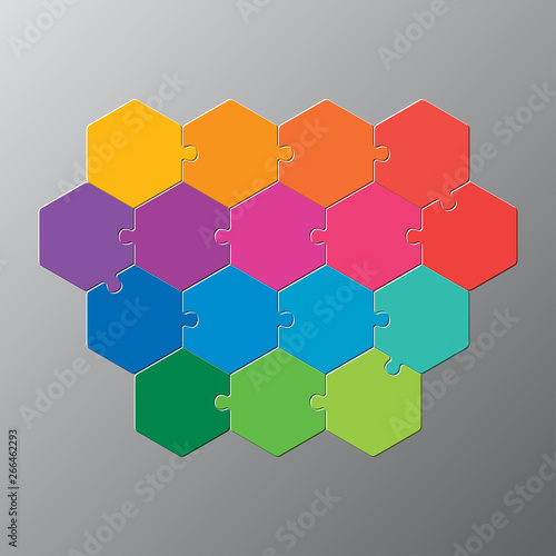 Sixteen piece puzzle jigsaw hexagonal info graphic