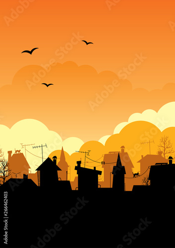 Roof silhouettes.Dawn city.An illustration of a sunset