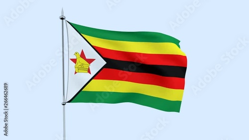 Flag of the country    Zimbabwe  flutters against the blue sky. 3D rendering