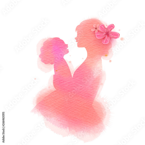 Happy mother's day. Side view of Happy mom with daughter  silhouette plus abstract watercolor painted.Happy  mother's day. Double exposure illustration. Digital art painting. Vector illustration.