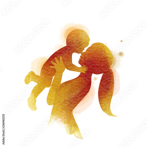 Double exposure illustration. Side view of Happy mom with baby silhouette plus abstract water color painted. Mother's day. Digital art painting. Vector illustration.